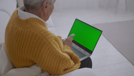 An-elderly-woman-looks-at-a-monitor-with-a-green-screen-and-talks-via-video-link-with-her-granddaughter-or-daughter-or-a-doctor.-Video-help-for-the-elderly.-Grandma-uses-a-laptop